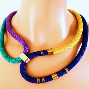 Multi color Rope Tribal Necklace, Statement Necklace, Gold Electric Blue Emerald and Purple Rope and Bronze Rings, Party Bling, Color Block