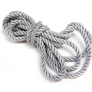 7mm Silver Satin Twisted Cord, Wrapped Thread Cord, Artificial Silk Rope, Silver Rayon Rope Cord - 2 Yards (1 piece)