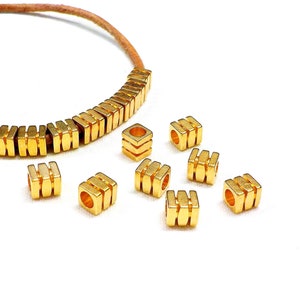 Gold Cube Spacer Beads, Metal Square Geometric Beads, Triple Washer Cube Slider, Small Cube Bead, Brass Spacer Bead 4.3x4mm (Ø 2mm) - 5 pcs