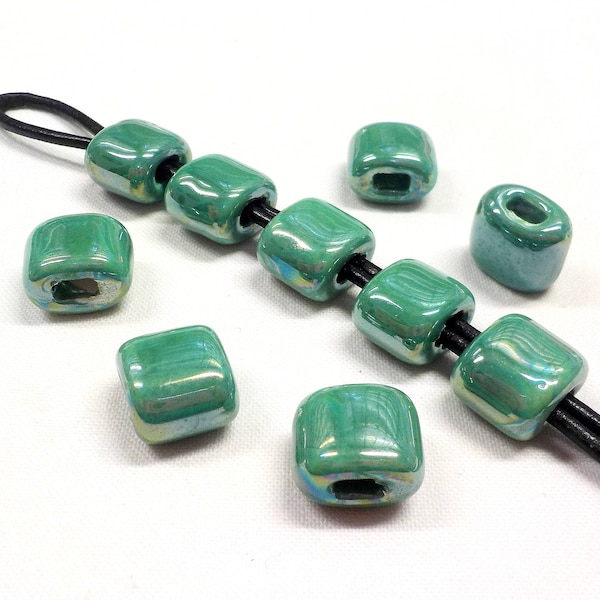 Ceramic Bead Tube Slider Green, Iridescent Oil On Water Ceramic Beads, Enameled Ceramic Beads, 11x12mm (Ø 4x2.5mm) - 2pcs