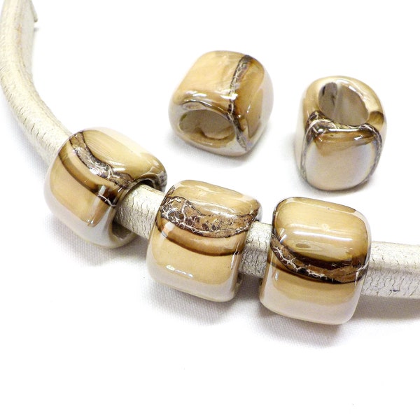 Ceramic Bead Tube Slider for Oval Cord, Beige Cream Multi Ceramic Cube, Enameled Ceramic Bead for Oval Licorice Leather 10x6mm - 1 pc