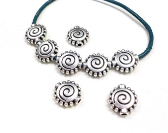 999 Silver Plated Spiral Ethnic Bead, Flat Spacer Coil, Metal Slider Beads, Round Tribal Boho Coil, Swirl Beads 10mm (Ø 1.1mm) - 2 pcs