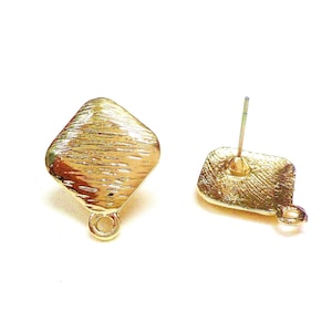 Gold Plated Rhombus Stud Earring, Earring Posts with Loop, Dainty Earrings, Earring Settings, Textured Earring Studs 16x20mm - 2 pcs