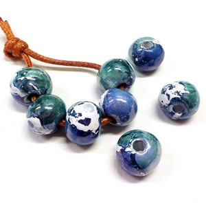 Round Ceramic Beads, Handmade Enameled Ceramic, Glazed Greek Ceramic, Organic Round Large Ceramic Beads, Blue Green Multi, 14x18mm - 2 pcs