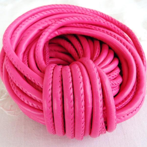 Pink Eco Nappa Leather Cord, Faux Leather 5mm Cord, Stitched Cord, Sold in 1 Yard/  92cm approx.(1 piece)