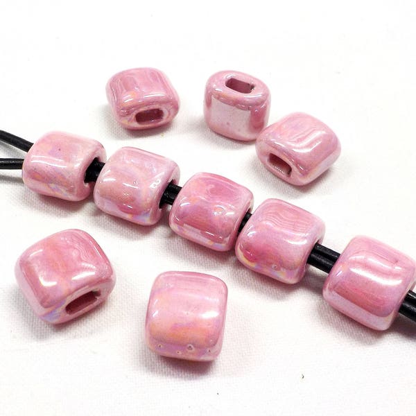 Ceramic Bead Tube Slider Pink, Iridescent Oil On Water Ceramic Beads, Enameled Ceramic Beads, 11x12mm (Ø 4x2.5mm) - 2pcs
