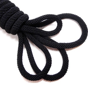 Black Braided Rope Cord, Semisoft Trim Cord, Artificial Silk Cord, Striped String Round Cord 7mm approx. - 18&quot;/46cm approx. (1 pc)