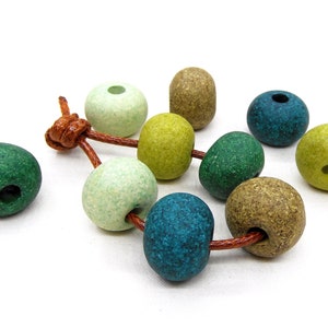 Round Ceramic Beads, Handmade Unglazed Matte Balls, 8mm, 10mm, 14mm, 17mm Organic Ceramic Bead, Green Shades Ceramic Beads - Set of 5 pcs