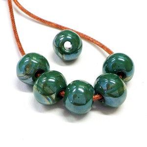 Round Ceramic Beads, Handmade Enameled Ceramic Balls, Glazed Greek Ceramic, Organic Round Large Ceramic Beads, Olive Green 14x18mm - 2 pcs