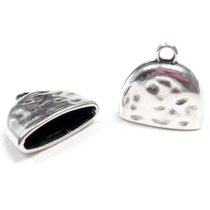 Silver Plated Hammered End Caps, Terminal Clasps for various Leather Cord, Tassel End Caps 20x21mm, Hole 17.5x4.5mm - 2 pieces