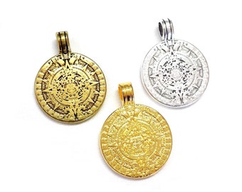 24K Gold or 999 Silver Plated Mayas Calendar Disc, Bronze Ethnic Large Disc Pendant, Ancient Maya Disc, Mayan Civilization, 25mm - 1 piece