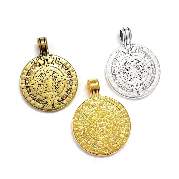 24K Gold or 999 Silver Plated Mayas Calendar Disc, Bronze Ethnic Large Disc Pendant, Ancient Maya Disc, Mayan Civilization, 25mm - 1 piece