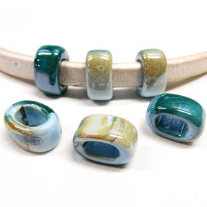 Ceramic Bead Tube Slider Teal Blue Beige Multi, Big Hole Ceramic Bead, Enameled Ceramic Bead for Oval Licorice Leather 10x6mm 1 pc image 5