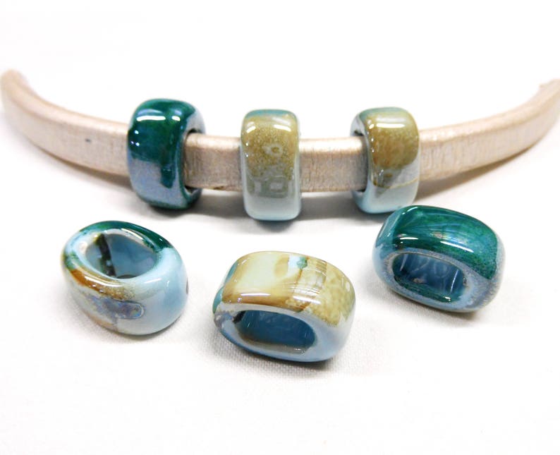 Ceramic Bead Tube Slider Teal Blue Beige Multi, Big Hole Ceramic Bead, Enameled Ceramic Bead for Oval Licorice Leather 10x6mm 1 pc image 5