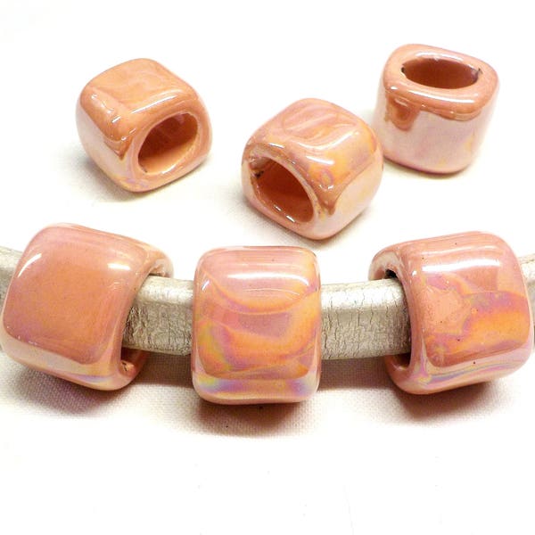 Ceramic Bead Tube Slider for Oval Cord, Peach Pink Ceramic, Iridescent Oil On Water Ceramic for Licorice Oval Cord 10x6mm - 1 piece