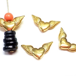 Gold Plated Heart with Angel Wings Beads, Glossy Gold Heart Wings Sliders, Spacer Heart with Wings, Heart Charms 20x10mm (Ø 1.2mm) - 2 pcs