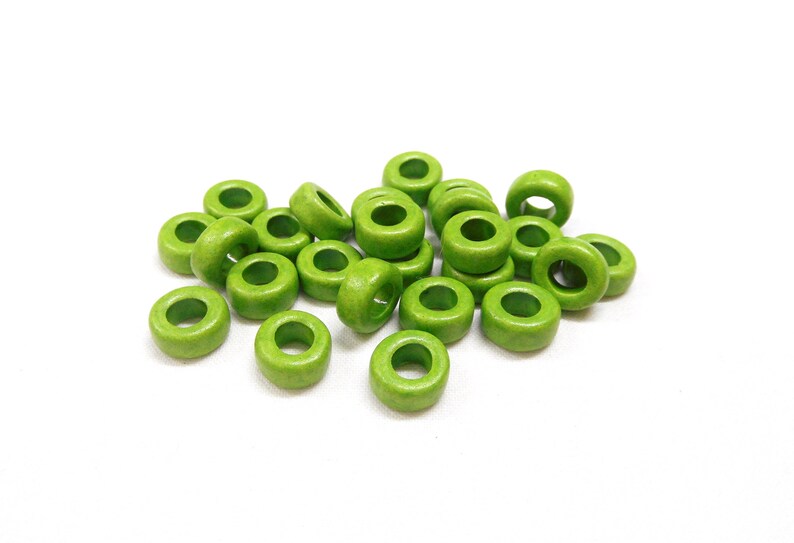 Greek Ceramic Pony Beads, Spacer Beads, Large Hole Tube Beads, Ceramic Slider, Green Matte Finish 10x6mm Ø 5mm 15 pieces image 3