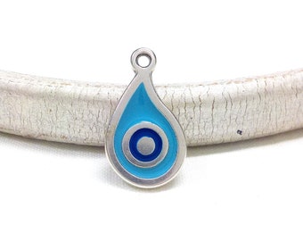Drop Evil Eye Charm, Silver Plated Blue Enamel Evil Eye Charm, Good Luck Pendant, Silver Evil Eye Charm, Protective Charm 18x11mm - 1 piece