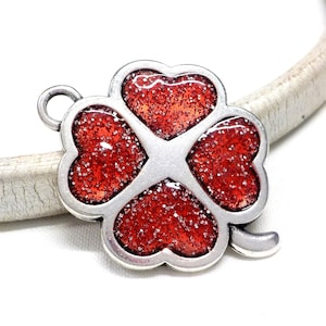 Four Leaf Clover Pendant, Silver Plated with Red Glitter Enamel Clover Pendant, Lucky Clover Pendant, Large Clover Pendant 35x31mm - 1 piece