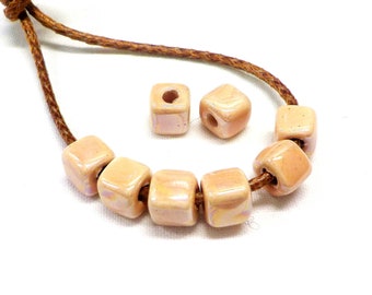 Salmon Pink Ceramic Cube, Handmade Enameled Square Ceramic Beads, Glazed Greek Ceramic, Cube Ceramic Slider 6.5mm (Ø 2.1mm) - 4 pieces
