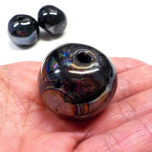 Round Ceramic Beads, Handmade Enameled Ceramic, Glazed Greek Ceramic, Organic Round Extra Large Ceramic Beads, Iridescent Black, 35mm - 1pc