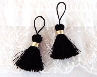 Schwarz Goldfaden Mala Quaste, dicker Quastenanhänger, Quastenanhänger, Seide Imitation, 35-40 mm - 2 Stück