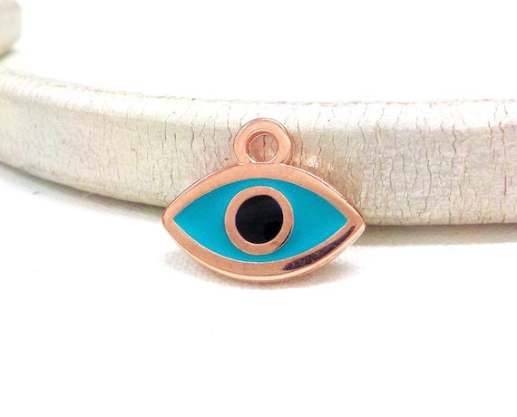 Pink Gold Plated Evil Eye with Turquoise Enamel, Rose Gold Metal Evil Eye Charm Pendant, Good Luck Tiny Charm, Small Charm, 15x8mm - 1 piece