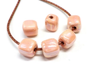 Salmon Pink Ceramic Cube, Handmade Enameled Ceramic Beads, Glazed Greek Ceramic, Cube Ceramic Slider 10mm (Ø 2.7mm) - 2 pcs