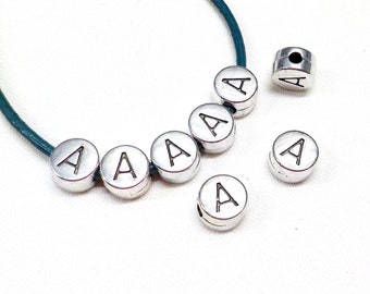 Letter Bead A, Round Spacer Bead, Silver Plated Initial Slider, Alphabet Initial Letter, Charm Bead 7x4.4mm (Ø 1.8mm) - 4 pieces