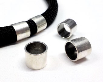 999 Silver Plated over Brass Tube, Tube Slider, Tube Spacer, Large Hole Tube Bead, Metal Beads for Round Cord 10mm, 12x10mm (Ø 10.2mm)-2 pcs
