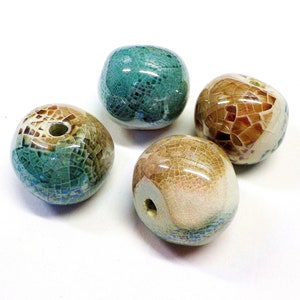 Macrame Extra Large Ceramic Ball, Blue Beige Multi, 35mm, Organic Ceramic Round Bead, Handmade Enameled Ceramic, Glazed Greek Ceramic  - 1pc