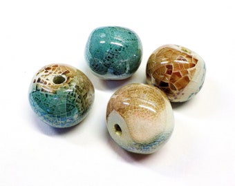 Macrame Extra Large Ceramic Ball, Blue Beige Multi, 35mm, Organic Ceramic Round Bead, Handmade Enameled Ceramic, Glazed Greek Ceramic  - 1pc