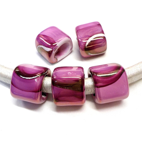 Ceramic Bead Tube Slider for Oval Cord, Fuchsia Multi Ceramic Cube, Enameled Ceramic Bead for Oval Licorice Leather 10x6mm - 1 piece