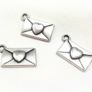Silver Plated Charm Envelope with Heart, Envelope Pendant, Love Note Charm, Letter Charm, Letter pendant 17x9mm Silver - 2 pcs