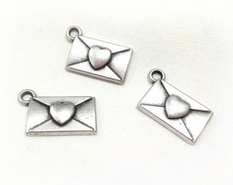 Silver Plated Charm Envelope with Heart, Envelope Pendant, Love Note Charm, Letter Charm, Letter pendant 17x9mm Silver - 2 pcs