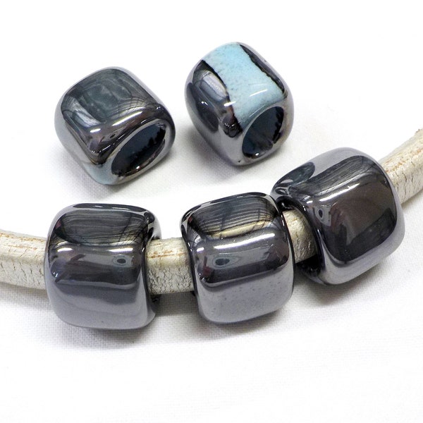 Ceramic Bead Tube Slider for Oval Cord, Turquoise Black Multi Ceramic Cube, Enameled Ceramic Bead for Oval Licorice Leather 10x6mm - 1 pc