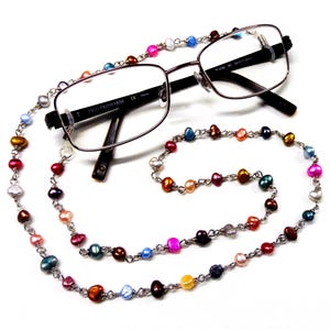 Eyeglass Holder Jewelry, Handmade Beaded Chain Necklace, Wire Wrapped Multi Color Fresh Water Pearl Necklace
