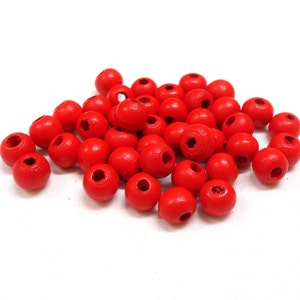 Red Round Wooden Beads, Red Wooden Balls, Red Wood Beads, Red Wood Balls, 8x7mm/ Ø 2mm - 50 pcs