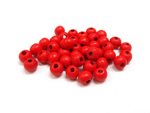 Red Round Wooden Beads, Red Wooden Balls, Red Wood Beads, Red Wood Balls,  8x7mm/ Ø 2mm - 50 pcs