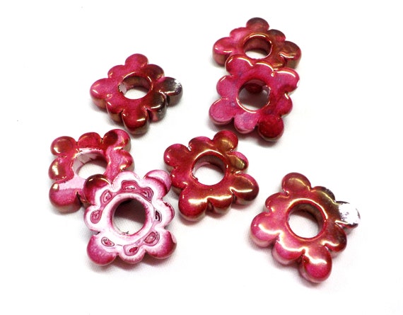 Square Ceramic Beads, Flower Ceramic Connector, Enameled Ceramic, Glazed Ceramic, Greek Ceramic, Purple Ceramic Bead 19mm  (Ø 7mm) - 2 pcs
