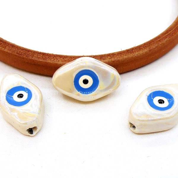 Rhombus Ceramic Bead, Greek Enameled Ceramic Slider, Evil Eye Bead, Good Luck Symbol, Cream Ivory Iridescent, 15x24mm (Hole 2mm) - 1 piece