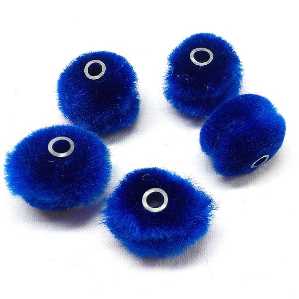 Blue Pom Poms with Tube, Pom Pom Beads Sliders, Earrings Necklace Bracelet Making Pom Poms, Sewing Crafts Pom Poms, Pom Pom Sandals - 20 pcs