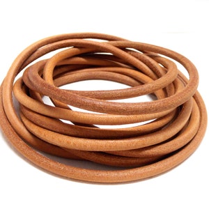 May include: A coil of brown leather cord, approximately 5mm thick, is shown on a white background.