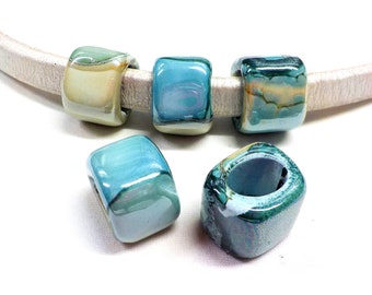 Ceramic Bead Tube Slider for Oval Cord, Teal Blue Beige Multi Ceramic Cube, Enameled Ceramic Bead for Oval Licorice Leather 10x6mm - 1 pc