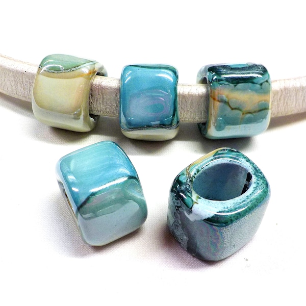 Ceramic Bead Tube Slider for Oval Cord, Teal Blue Beige Multi Ceramic Cube, Enameled Ceramic Bead for Oval Licorice Leather 10x6mm - 1 pc