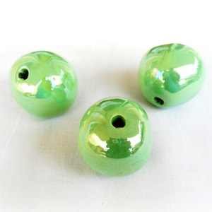 Round Ceramic Beads, Handmade Enameled Ceramic, Glazed Greek Ceramic, Organic Round Large Ceramic Beads, Iridescent Mint Green 35mm - 1piece