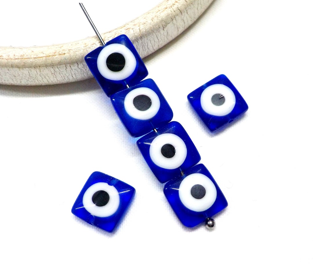 Square Evil Eye Flat Beads, Blue Evil Eye Beads, Good Luck Beads