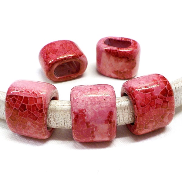 Ceramic Bead Tube Slider for Oval Cord, Pink Crackle Ceramic Cube, Enameled Ceramic Bead for Oval Licorice Leather 10x6mm - 1 pc