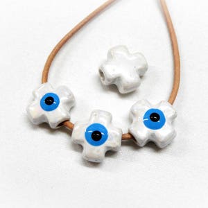 Ceramic Cross Bead, Greek Enameled Ceramic Slider, Evil Eye Bead, Good Luck Symbol, White Ceramic Cross, 12mm (Hole 2mm) - 1 piece