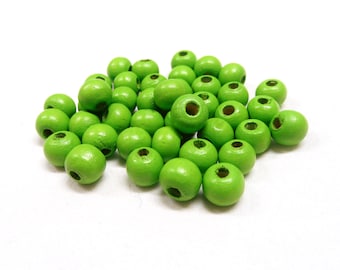 Perles en bois rondes vert clair, Boules en bois vertes, Perles en bois vert, Boules en bois vert, 8 x 7 mm/ Ø 2.5 mm - 50 pcs